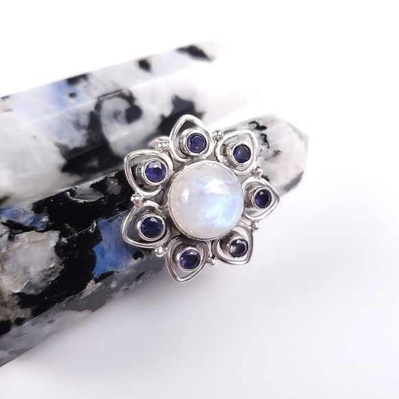925 Sterling Silver Rainbow Moonstone and Iolite Flower Ring Size 7.5 - Picture 5 of 16